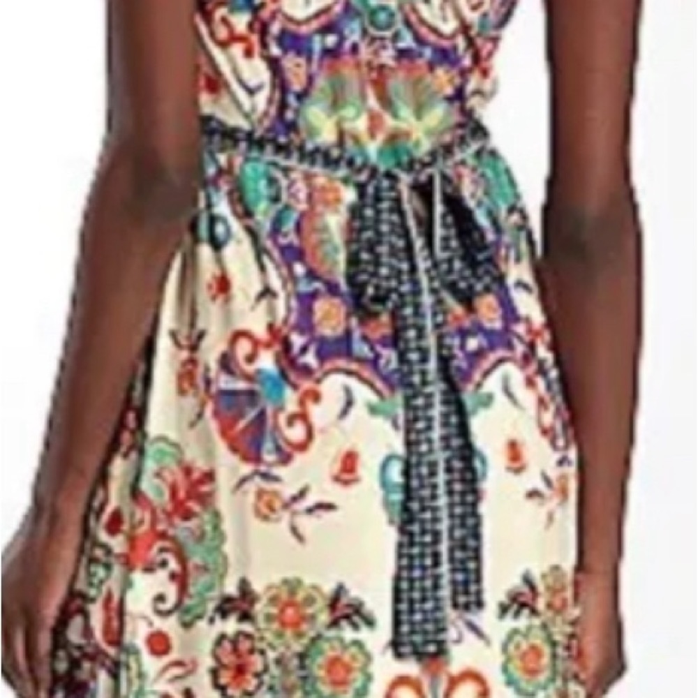 ECI FLARED EMBELLISHED BEADED PRINT DRESS w/ BELT - COLORFUL SIZE 4 - Picture 3 of 13
